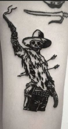 Mexican Cowboy Tattoo, Creature Tattoo Ideas, Lobotomy Tattoo, Gunslinger Tattoo, Scary Tattoo Ideas, Dark Feminine Tattoos, Zombie Tattoo, Wizard Tattoo, Dead Tattoo