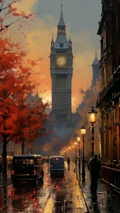 the big ben clock tower towering over the city of london on a rainy day in autumn