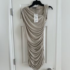 Nwt Zara Ruched Dress Beige Ruched Sleeveless Mini Dress, Sleeveless Ruched Beige Mini Dress, Beige Draped Summer Dress, Summer Draped Beige Dresses, Beige Sleeveless Ruched Dress, Beige Ruched Sleeveless Dress, Beige Draped Dress For Spring, Beige Ruched Draped Dress, Beige Draped Ruched Dress