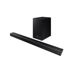 the soundbar and speaker are shown in black