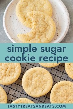 simple sugar cookie recipe on a cooling rack with cookies in the background and text overlay