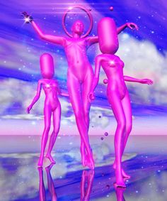 three pink female mannequins standing in front of a purple sky with stars