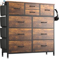 a wooden dresser with several drawers and headphones on it's top shelf, against a white background