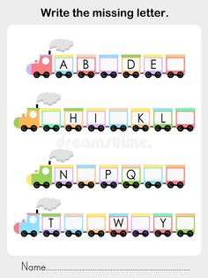 worksheet for children to write the missing letter with train and clouds stock photo