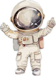 an astronaut with his arms out and hands in the air, standing on one leg