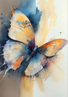 a watercolor painting of a butterfly with blue and yellow colors on it's wings