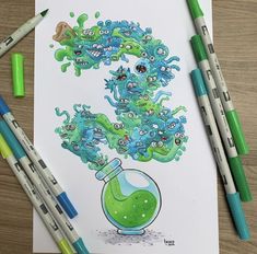 a drawing of a green liquid in a flask filled with blue and green stuff