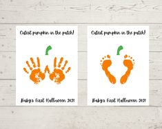 two baby's hand and foot prints with orange ink on white paper next to each other