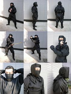 a series of photos showing different poses of a person in black clothing and wearing a mask