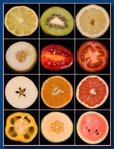 an assortment of different fruits cut in half