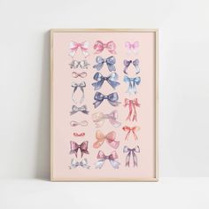 an art print with many bows on the front and back, in pastel colors