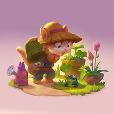 an animal with a hat and backpack in front of some small plants on the ground