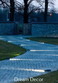 a person riding a bike down a cobblestone path at night with trees in the background