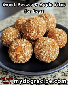 sweet potato and apple bites for dogs on a black plate with text overlay that reads, sweet potato and apple bites for dogs