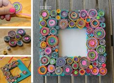 the collage is made from rolled up paper and has been decorated with colorful circles