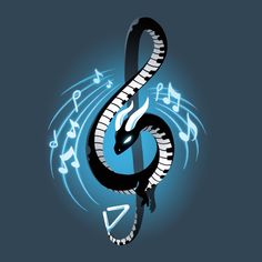 a black and white snake with musical notes on it's back side, in front of a blue background