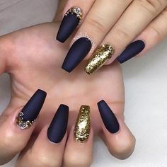 36 Best Coffin Nail Designs You Should be Rocking in 2020 Blue Matte Nails, Blue Coffin Nails, Dark Blue Nails, Navy Blue Nails, Gold Nail Designs, Matte Nails Design, Gold Nail, Her Nails