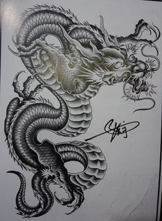 a black and white drawing of a dragon