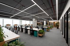 an empty office with desks and plants