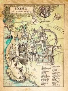 the hogwarts map from harry potter's book, which is drawn on parchment paper