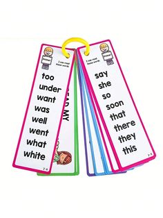 three bookmarks with different words on them