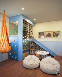 a child's playroom with two bean bag chairs