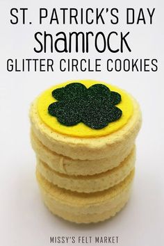 there is a stack of cookies with a green shamrock on top and the words st patrick's day shamrock