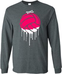 a gray long sleeve shirt with pink volleyball dripping on it