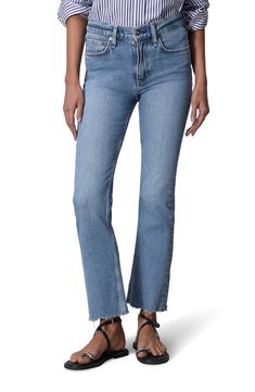 Refresh your denim with these mid-rise, ankle-cropped bootcut jeans made with wavy raw hems and a hint of shape-retaining stretch. 26" inseam; 16" leg opening; 10 1/2" front rise; 15" back rise (size 29) Zip fly with button closure Five-pocket style 99% cotton, 1% elastane Machine wash, line dry Made in Turkey Cropped Bootcut Jeans Outfit, Cotton Cutoff Jeans With Button Closure, Everyday Mid-rise Jeans With Button Closure, Relaxed Fit Mid-rise Jeans With Button Closure, Ankle Jeans Outfit, Mid-rise Denim Jeans With Button Closure, Chic Mid-rise Flare Jeans With Button Closure, Bootcut Jeans Outfit, Ankle Jeans