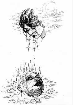 two black and white drawings of people in the water, one with his eyes closed