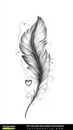 a black and white drawing of a feather with hearts