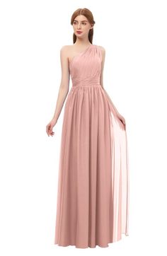 a woman wearing a long pink bridesmaid dress with one shoulder and pleaed skirt