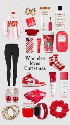 the contents of a woman's christmas gift set, including red shoes and accessories