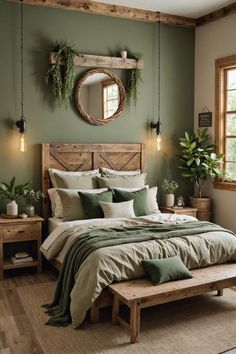 a bedroom with green walls and wooden bed frame, plants on the headboard, potted greenery hanging above