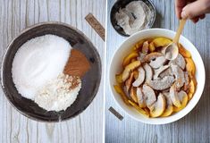 two bowls with different types of food in them and one bowl filled with powdered sugar