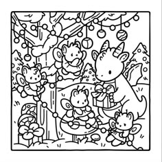 a black and white coloring page with cartoon animals