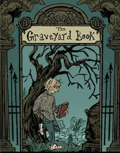 the graveyard book by neil gaiman is shown in this hand - colored illustration, with an image of a man standing under a tree