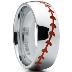 a wedding ring with an orange baseball stitching on the side and black inlay