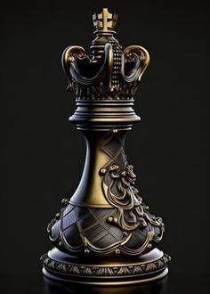 a golden and black chess piece on a black background with an ornate crown in the middle