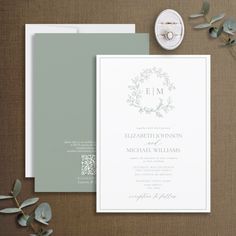 QR Code Sage Green Leafy Crest Monogram Wedding Invitation Botanical Wreath, Wedding Announcement Cards, Monogram Invitation, Crest Monogram, Afternoon Wedding, Formal Wedding Invitations, Sage Wedding, Sage Green Wedding