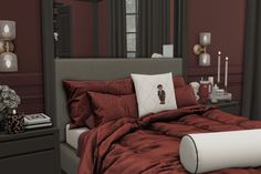 the bed is made with red sheets and pillows