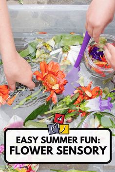 two children are playing with flowers in an outdoor water play area that is easy to make and fun for the whole family