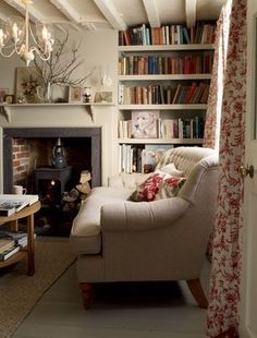 a living room filled with furniture and a fire place in front of a book shelf