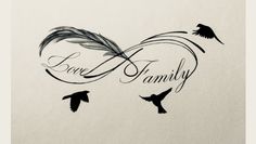 the word love family written in cursive writing with birds flying around