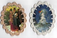 two decorative plates with pictures of people in the snow and christmas trees on them are hanging on a wall next to each other