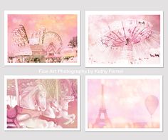 four different pictures with pink and white designs on them, including an amusement park carousel, ferris wheel, and the eiffel tower