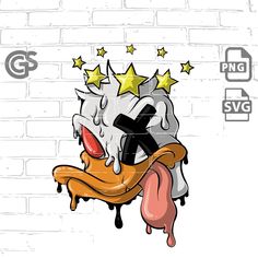 a cartoon duck wearing a crown with stars on it's head and dripping paint