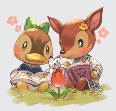 two cartoon animals sitting next to each other on top of a grass covered field with flowers