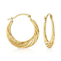 Ross-Simons - 14kt Yellow Gold Twisted Hoop Earrings. 7/8". Elegant, graduated twists of 14kt yellow gold make these hoop earrings a go-to pair! Perfect for dressing up your favorite casual ensembles. Textured and polished finishes. Hanging length is 7/8". Snap-bar, 14kt yellow gold twisted hoop earrings. Jewelry Presentation, Twisted Hoop Earrings, Mixed Metal Jewelry, The Authority, Jewelry Earrings Hoops, Gold Hoop, Fine Jewellery Earrings, Gold Hoop Earrings, Cute Earrings