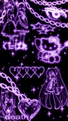 an image of purple hearts and teddy bears on a black background with chains, stars and other items